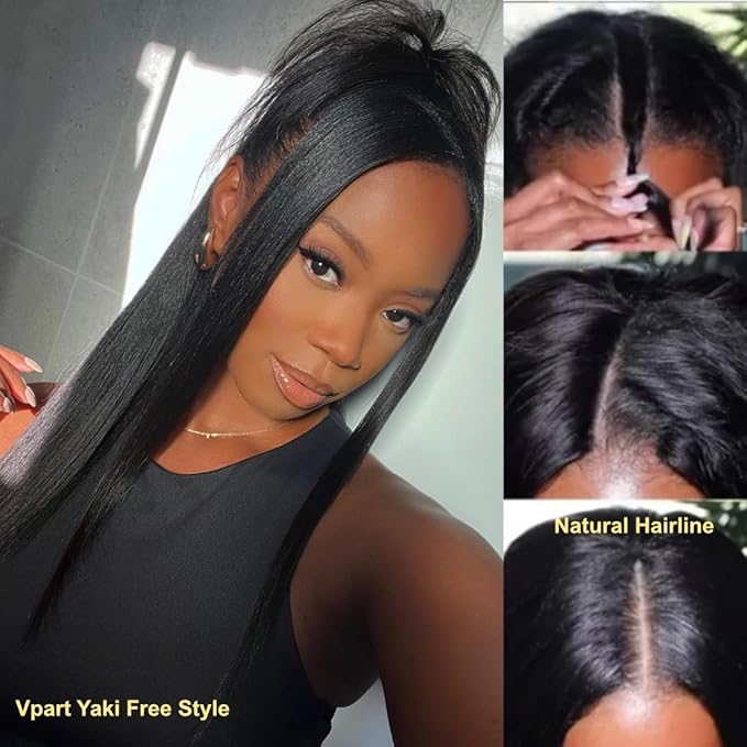 Sunber Yaki Straight V Part Human Hair Glueless Wig Upgrade U Part Wig No Leave Out Vpart light yaki straight Machine Made Clip In Half Wigs No Leave Out Real Scalp V Shape 150% Density 24Inch