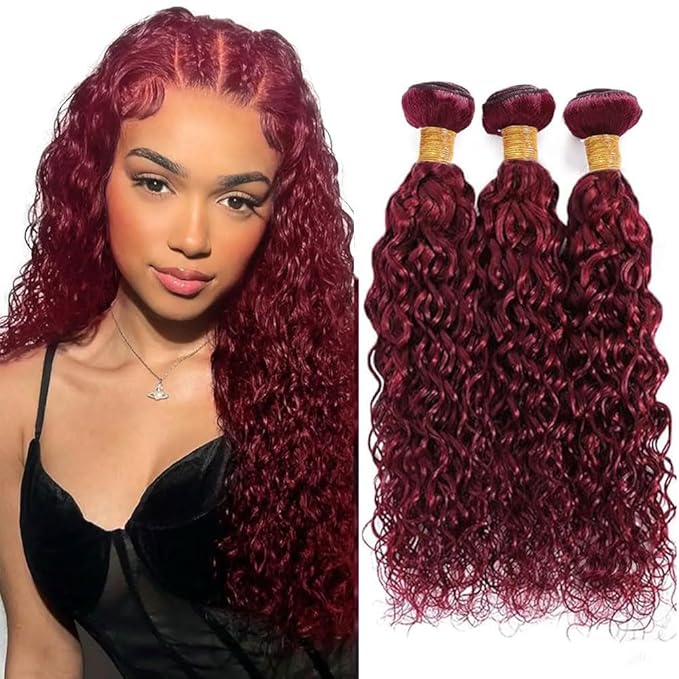 30 32 34 Inch Freiuoke Burgundy Human Hair Bundles 99J Water Wave 3 Bundles Brazilian Unprocessed Virgin Hair Red Bundle 150g