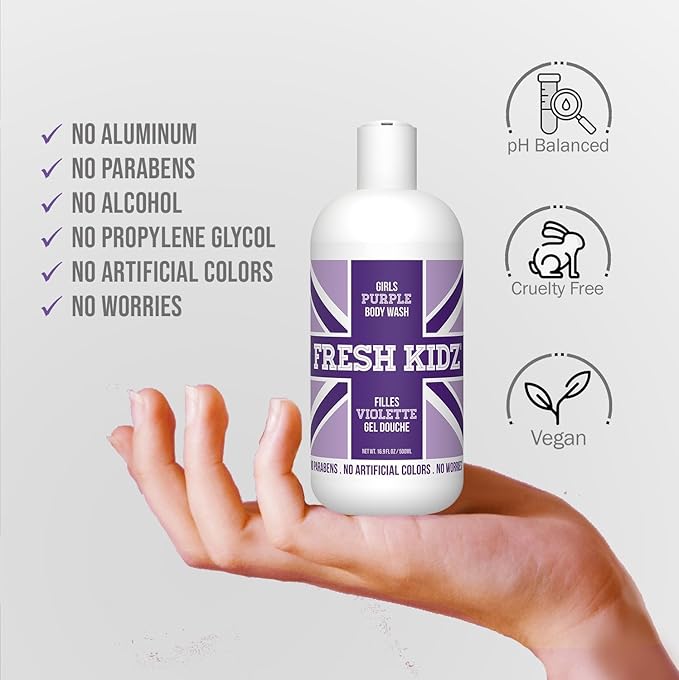 Fresh Kidz Body Wash 16.9 fl.oz. and 2 Roll-On Deodorants 1.86 fl.oz. for Kids and Teens - Girls Purple Set