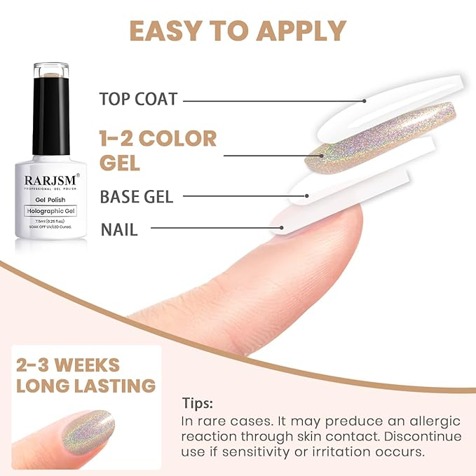 RARJSM Holographic Gel Nail Polish Champagne Gold Reflective Iridescent Rainbow Glitter Gel Polish Curing Required Unicorn Mirror Chrome Laser Effect Soak off for DIY Salon Home Manicure 7.5ML