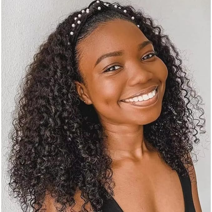 Deep Wave Headband Wig Human Hair 18Inch Glueless Non Lace Front Wig Machine Made Wigs 180% Density Brazilian Wet and Wavy Curly Hair Headband Half Wigs for Black Women Natural Black Color