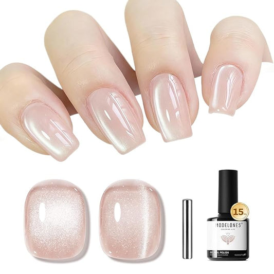 modelones Cat Eye Gel Nail Polish Nude Gel Polish Glass Shimmer Glitter with Magnet Silk Cat Eye Holographic Reflective Soak Off LED Nail Art Manicure 15ML
