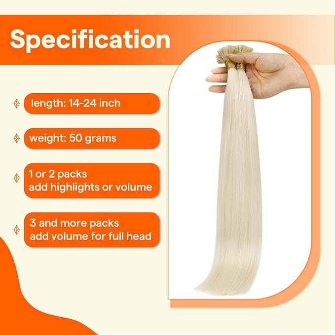 Full Shine Ktip Human Hair Extensions Color 1000 Ice Blonde 16 Inch 50 Grams K Tips Hair Extensions Human Hair Straight Extensions Natural Remy Hair for Women