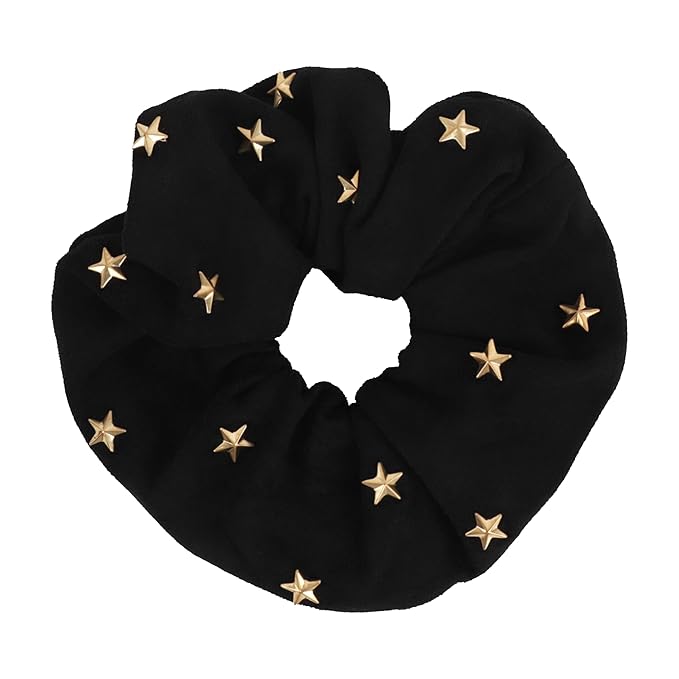 Large Suede Scrunchie with Hearts and Stars (Black Gold Stars)