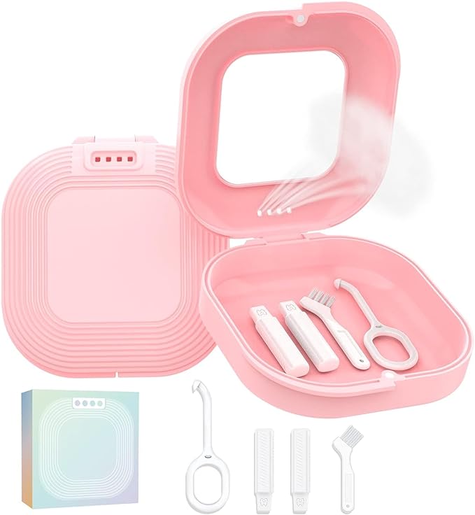 HEMILAB® Retainer Case with Mirror, Slim Aligner Case with Vent Holes, Compatible with Invisalign, Mouth Guard Box with Retainer Removal Tool, Pink