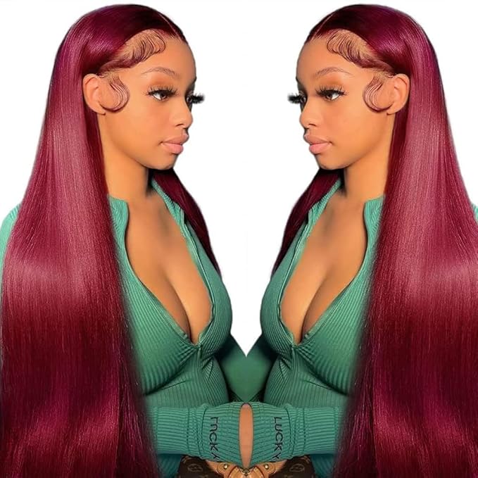 CHEETAHBEAUTY 9x6 Glueless Wigs Human Hair Pre Plucked Pre Cut 32 Inch Straight 99j Burgundy Lace Front Wigs Human Hair for Women 9x6 HD Lace Glueless Wig with Elastic Drawstring 220% Density