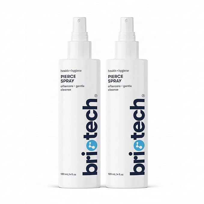 BRIOTECH Pierce Spray, Hypochlorous Acid, Gentle Piercing Aftercare, Calm Redness & Itch, Reduce Bumps, HOCl Saline Spray, Contact Free, No Rinse, Alcohol Free, 4 fl oz (2 Pack)