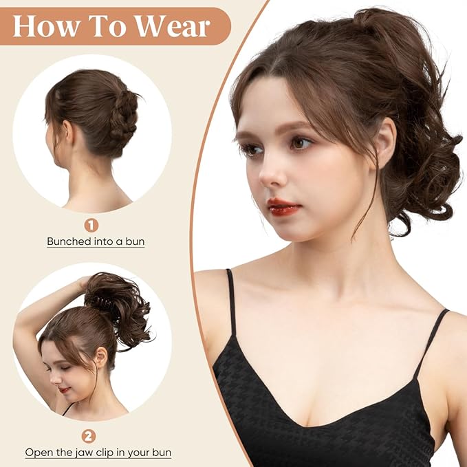 CJL HAIR Claw Clip Short Ponytail Hair Extensions DIY Bendable Metals Messy Bun Hair Piece for Wonen Wavy Curly Synthetic Fake Hairpieces Dark Chocolate