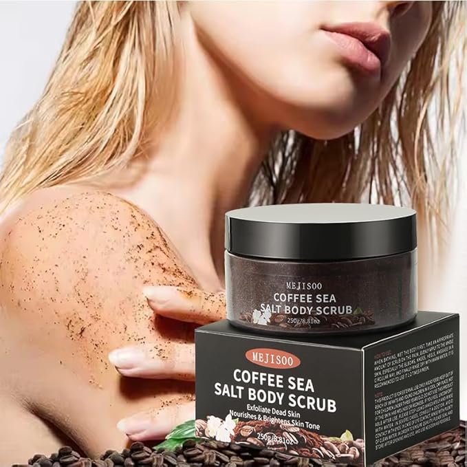 Coffee Sea Salt Body Scrub – Exfoliating & Moisturizing Scrub with Coconut Oil & Shea Butter – Anti-Cellulite Treatment for Smooth Skin – Organic, Vegan, 8.8 oz