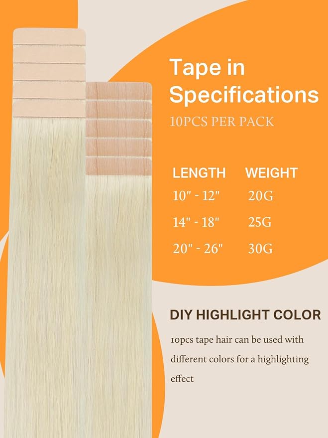 DOORES Real Human Hair Extensions, Platinum Blonde 22 Inch 30g 10pcs, Tape in Seamless Straight Remy Hair