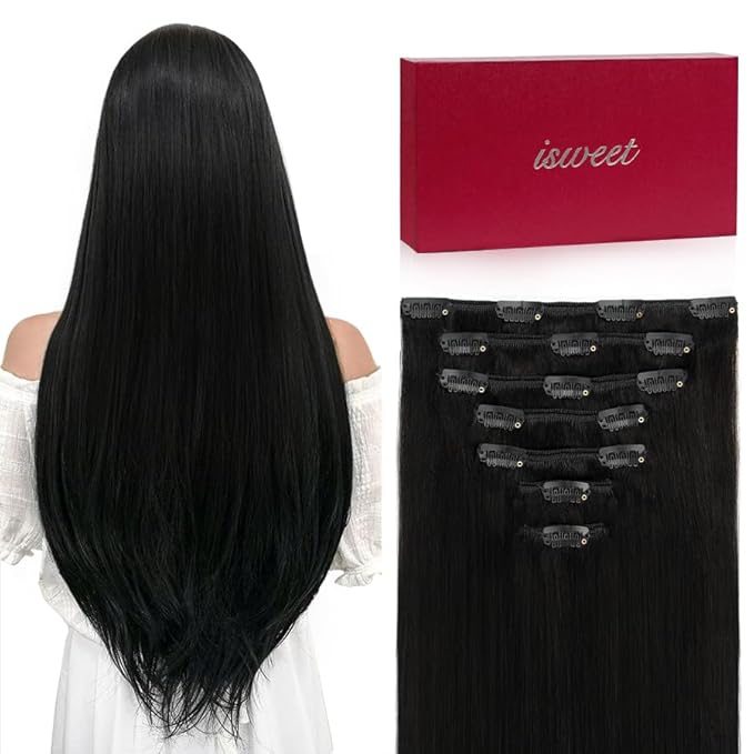 Straight Clip in Hair Extensions Real Human Hair, 7Pcs 14 Inch 95g #1B Natural Black Invisible Natural Soft Remy Human Hair Extension Clip ins, Double Weft Hair Extensions Real Human Hair for Women