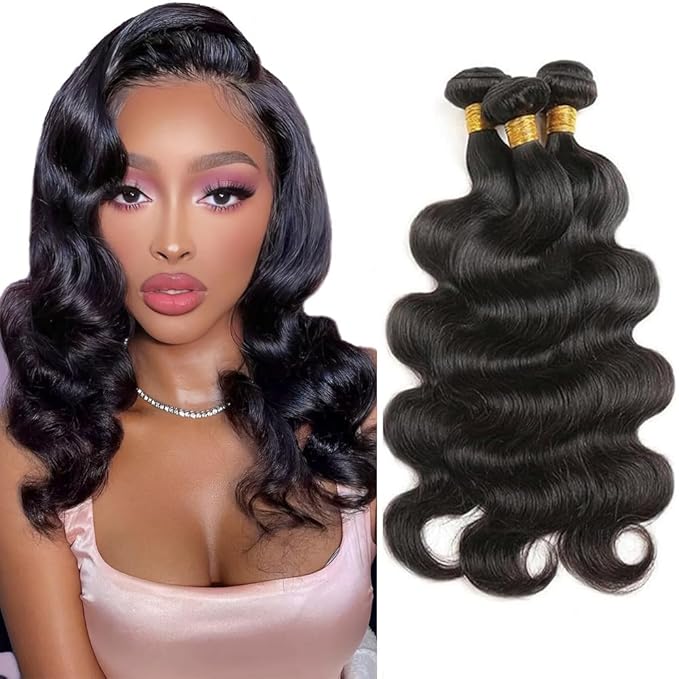 Freiuoke Body Wave Bundles Human Hair Double Weft for Women Unprocessed Brazilian Virgin Hair Extensions Natural Black 14 16 18 Inch 3 Bundles 150g