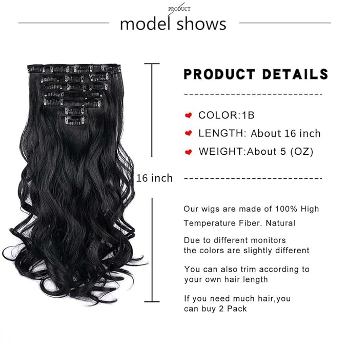Gx Beauty 16 Inch Clip In Hair Extensions 7 PCS Long Wavy Synthetic Black Hair Extension & Natural Soft Invisible Clip Thick Hairpieces for Women Daily(16Inch, 7pcs, Black)