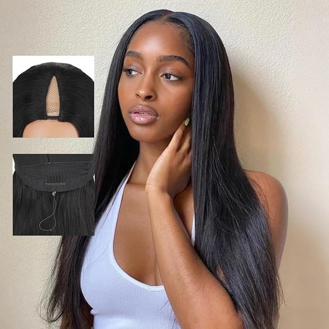 CHEETAHBEAUTY V Part Wigs Human Hair Straight V Shape Wigs for Black Women Upgrade U Part Wigs No Leave Out No Sew In No Glue Clip in Half Wigs 180% Density Natural Black 12Inch
