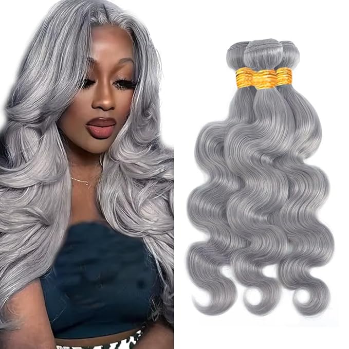 28 30 32 inch Grey Human Hair Bundles Silver Body Wave Bundles Gray Body Wave Bundle