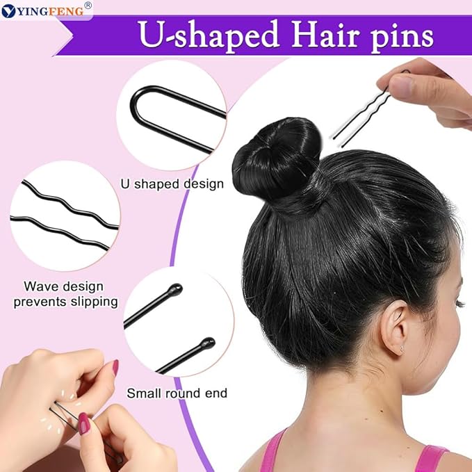 YINGFENG 134 Pcs Black Hair Bun Maker Kit for Kids Small - 4 Hair Donuts for Buns, 20 Hair Nets for Buns, 100 U Shaped Bobby Pins, 10 Hair Bands, for Girls, Ballet Dance, Hair Accessories for Women