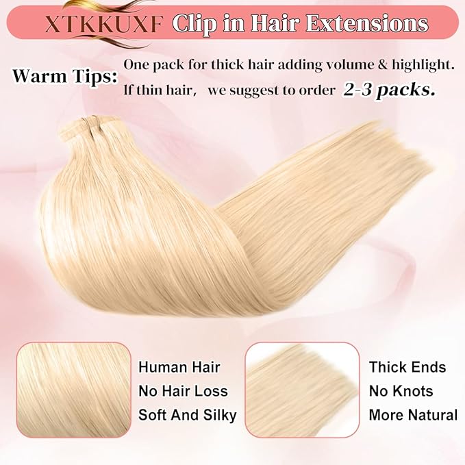 Seamless Clip in Hair Extensions Real Human Hair For Women 125g 20 Inch Platinum Blonde Invisible PU Skin Weft Remy Human Hair Extensions clip ins 7Pcs 18 Clips