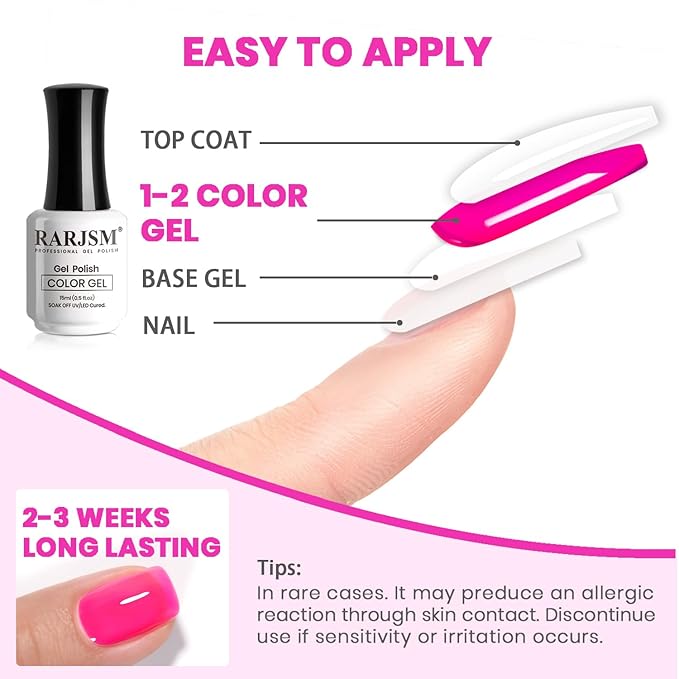 RARJSM Hot Pink Jelly Gel Nail Polish Sheer Clear Bright Pink Gel Nail Polish Transparent Neon Pinky Pastel Nude Nail GelPolish Varnish Curing Requires LED UV French Manicure Soak Off for Home Salon