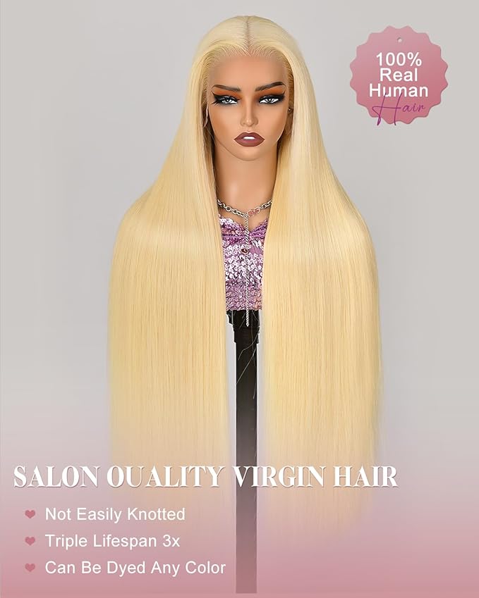 Alididi 613 13x6 Lace Front Wig Human Hair 26 Inch 180 Density Blonde Wig Human Hair Straight 100% Real Human Hair True Length Random Dyeing No Tangle No Shedding No synthetics Triple Lifespan 3x