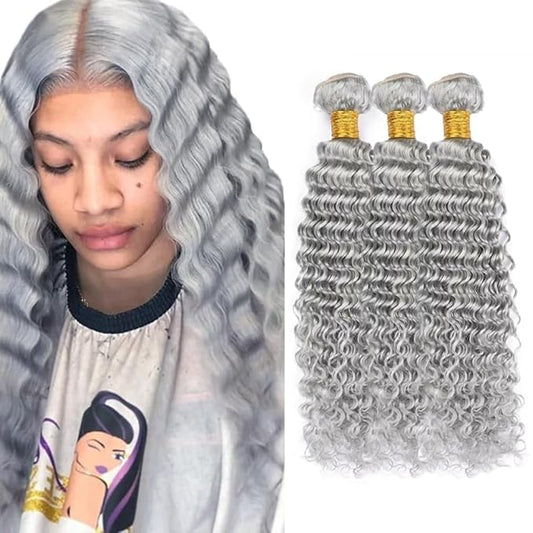 Grey Human Hair Bundles Light Grey Deep Wave Bundle Pure Grey Bundle Human Hair Unprocessed Virgin Hair 3 Bundles 12 14 16 Inch