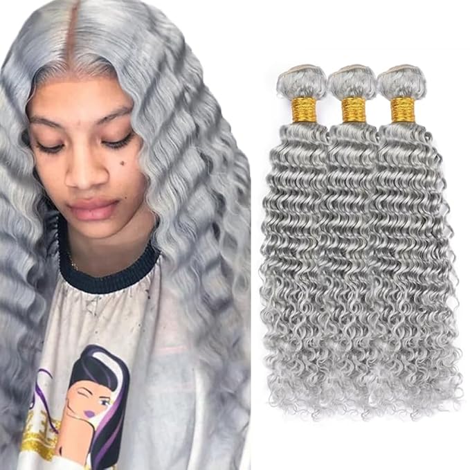 Grey Human Hair Bundles Light Grey Deep Wave Bundle Pure Grey Bundle Human Hair Unprocessed Virgin Hair 3 Bundles 26 28 30 Inch