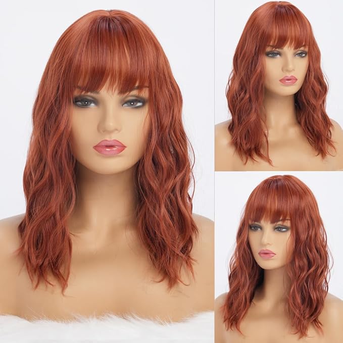 Copper Red Wigs with Bangs for Women Synthetic 16 inch Medium Length Wigs with Natural Long Wavy Fringe Bang wig Heat Resistant Hair for Daily Party Use (Copper)