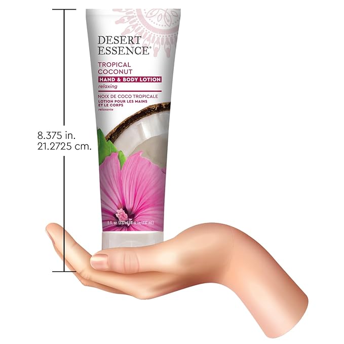 Desert Essence, Tropical Coconut Hand & Body Lotion 8 fl. oz. - Gluten Free - Vegan - Cruelty Free - Coconut Oil, Jojoba Oil & Vitamin E - Intense Hydration