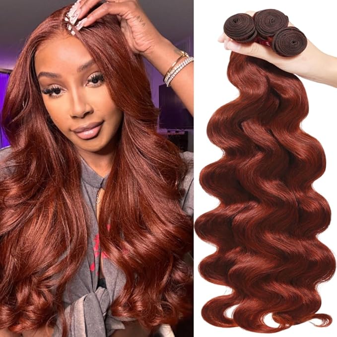 UNICE Reddish Brown Body Wave Human Hair Weave 3 Bundles 10 12 14 inch, Brazilian Remy Hair Auburn Brown Copper Red Human Hair Wavy Weaves for Sew in Extensions 33B Color