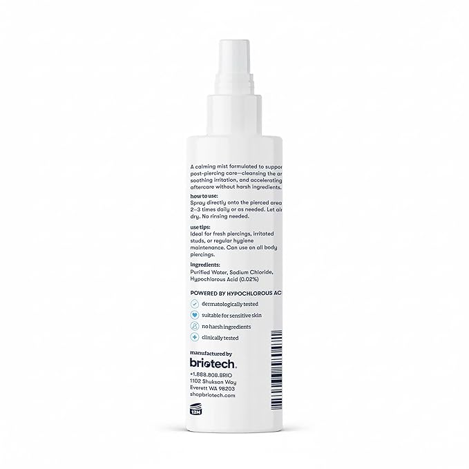 BRIOTECH Pierce Spray, Hypochlorous Acid, Gentle Piercing Aftercare, Calm Redness & Itch, Reduce Bumps, HOCl Saline Spray, Contact Free, No Rinse, Alcohol Free, 4 fl oz (2 Pack)