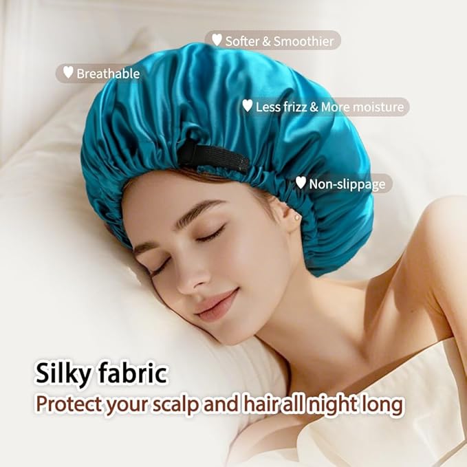 Large Microfiber Hair Towel Wrap & Satin Bonnet Set for Women, Ultra Absorbent Turban 24x42 Inches & Adjustable Night Cap for Curly Hair, Prevents Frizz & Breakage, Stocking Stuffers