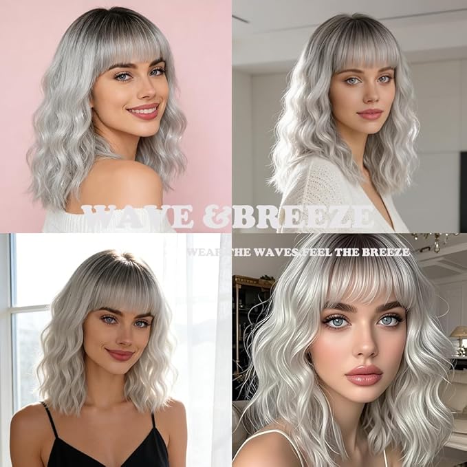 WAVE&BREEZE Short Gray Wigs for Women Sliver Grey Wig with Bangs Dark Roots Ombre Curly Bob Wig Shoulder Length Natural Looking Hair Replacement Wigs for Daily Party Use Cosplay Costume Halloween Wig