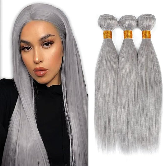Grey Human Hair Bundles Light Grey Straight Bundle Pure Grey Bundle Human Hair Unprocessed Virgin Hair 3 Bundles 16 18 20 Inch