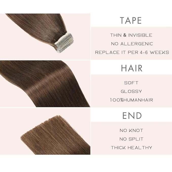 Tape in Hair Extensions Human Hair 20pcs Remy Hair Extensions 18 Inch Darkest Brown Straight Invisible Human Hair Tape in Extensions Skin Weft Tape Extensions Human Hair (4#,18 Inch)