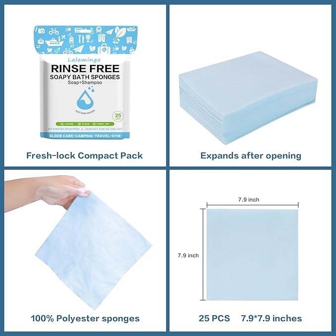 100 PCS Disposable Rinse Free Bath Sponges, No Rinse Bathing Wipes for Adults, Soap Infused Dry Shower Wipes for Elderly, Bedridden, Camping, Post Surgery(25 Count 4 Pack)