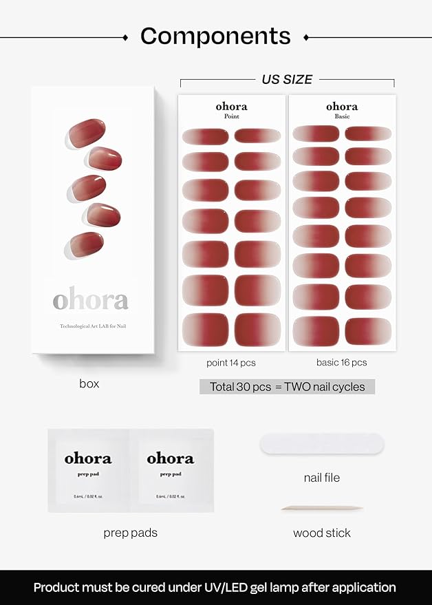 ohora Semi Cured Gel Nail Strips (N Fig Jam) - Pink, Ombre, Works with Any UV/LED Lamps, Salon-Quality, Long Lasting, Easy to Apply & Remove - Includes 2 Prep Pads, Nail File & Wooden Stick