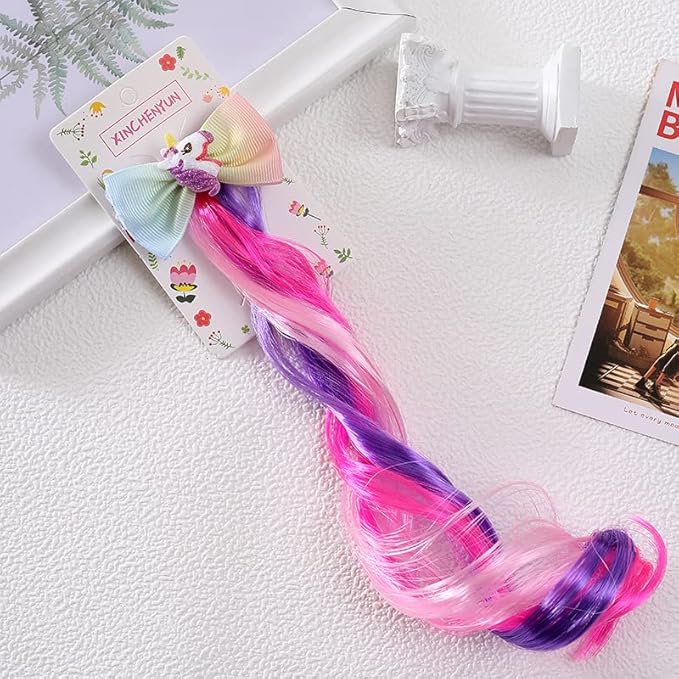 Ideal Swan 6 Set Hair Extensions Clip - Colored Straight Curly Hair Extensions for Kids Ponytails Girls, Rainbow Thick Wig Clip in Fake Bangs with Cute Unicorn Accessories (Curly Hair 02)