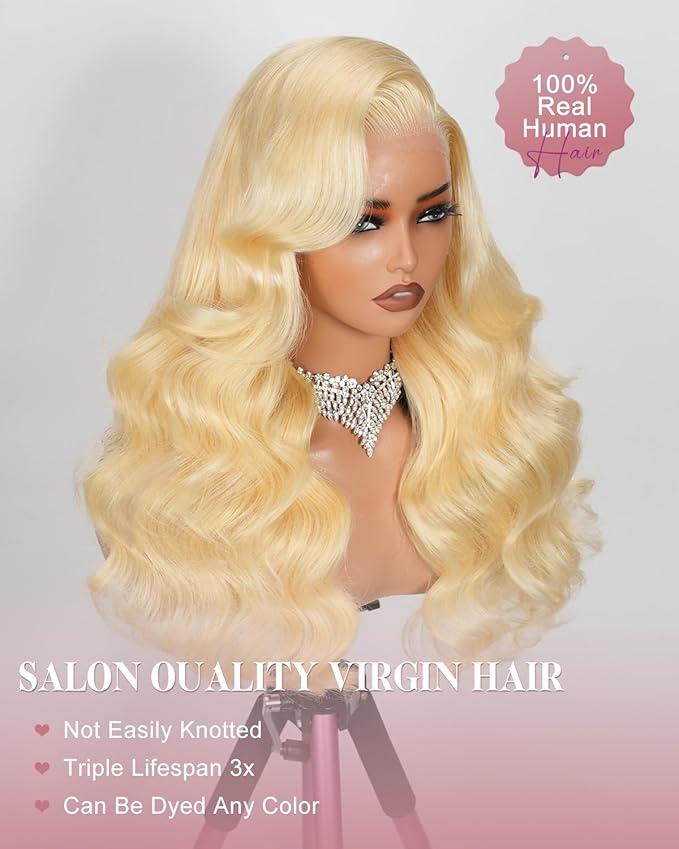 613 13x6 Lace Front Wig Human Hair 180 Density Blonde Wig Human Hair 26 Inch Body Wave 100% Real Human Hair True Length Random Dyeing No Shedding No Synthetics Triple Lifespan 3X