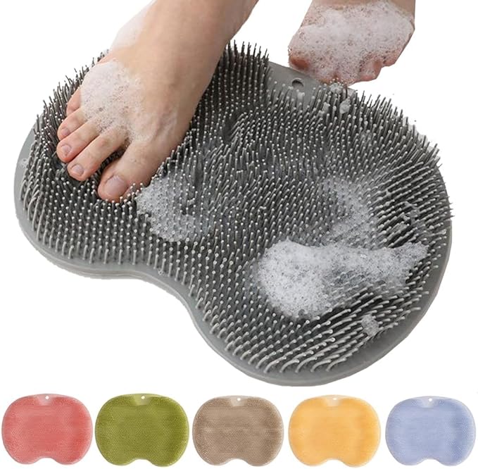 Silicone Shower Foot Scrubber Mat, Upgraded Wall Mounted Slip Suction Cups Foot Scrubber Cleaner, 2026 Upgraded Foot Back Cleaning Pad Back Washer Exfoliating Bath Wash Pad (Grey)