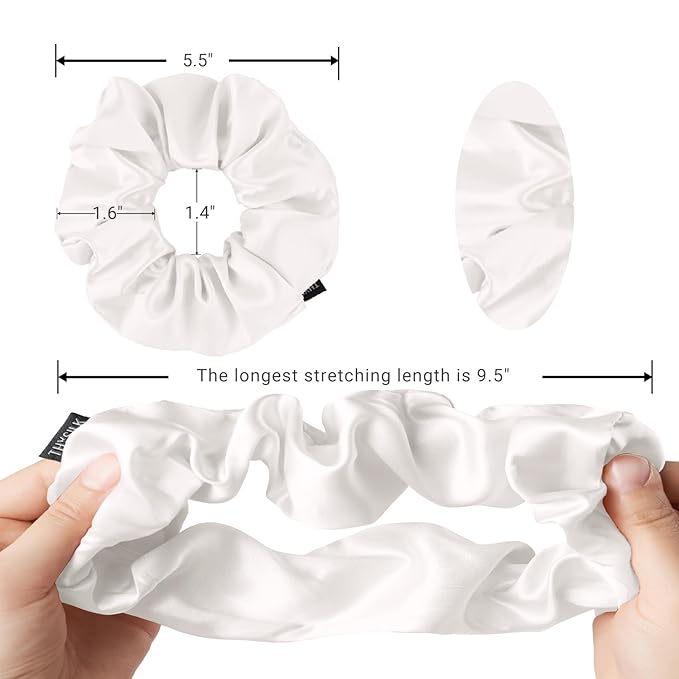 THXSILK Mulberry Silk Scrunchies for Women - Cute Hair Rings and Ties for Girls with Thick Hair, White