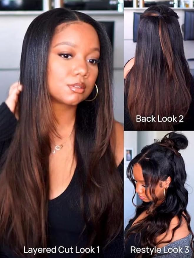 Sunber Ombre Chestnut Yaki Straight V Part Human Hair Glueless Wig Upgrade U Part Wig No Leave Out Vpart light yaki straight Machine Made Clip In Half Wigs No Leave Out Real Scalp V Shape 20Inch
