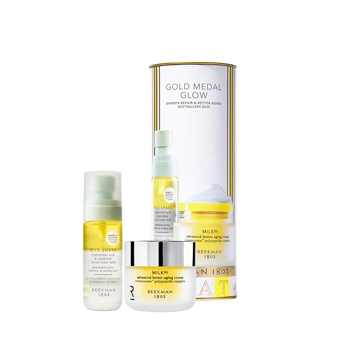 Beekman 1802 Gold Medal Glow Gift Set – 2-Piece Skincare Set Featuring Milk RX Advanced Better Aging Cream (1.69 fl oz) & Mini Milk Shake Hyaluronic Toner Mist (2 fl oz)