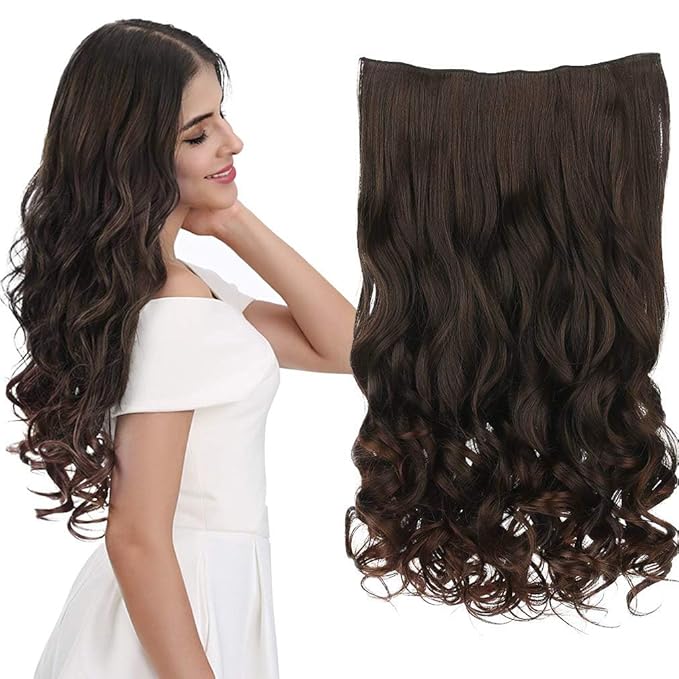 REECHO 20" 1-pack 3/4 Full Head Curly Wave Clips in on Synthetic Hair Extensions HE008 Hair pieces for Women 5 Clips 4.5 Oz Per Piece - Dark Reddish Brown