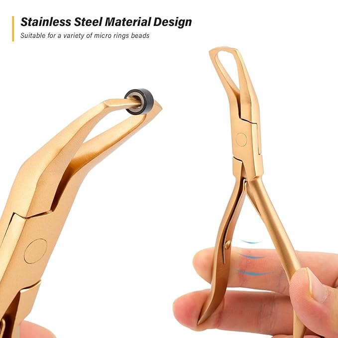 Gomake Microlinks Hair Extensions Kit, Hair Extension Closer and Removal Pliers, Micro Beads Pulling Hook & Microbead Loop Tool, Micro Links Silicone Rings Bead 200PCS(Gold)
