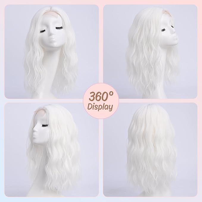 Medium Length Light White Wavy Wigs for Women 18 Inch Middle Part Wavy White Wig Natural Looking Synthetic Heat Resistant Fiber Wig for Daily Party Use (18 inch)