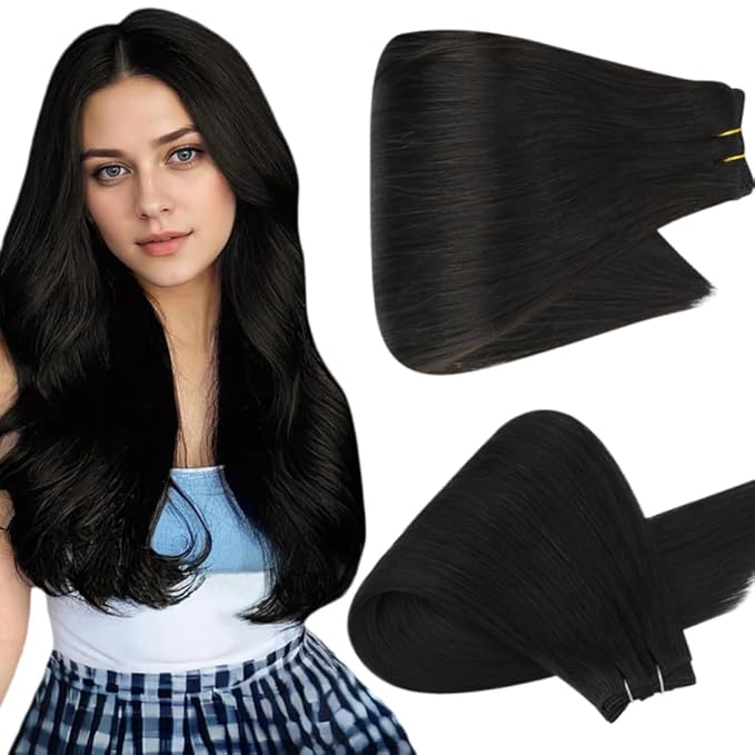 Full Shine Weft Hair Extensions Real Human Hair Color Off Black 130G 22 Inch Invisible Sew In Hair Extensions For Women Thick Human Hair Sew In Extensions