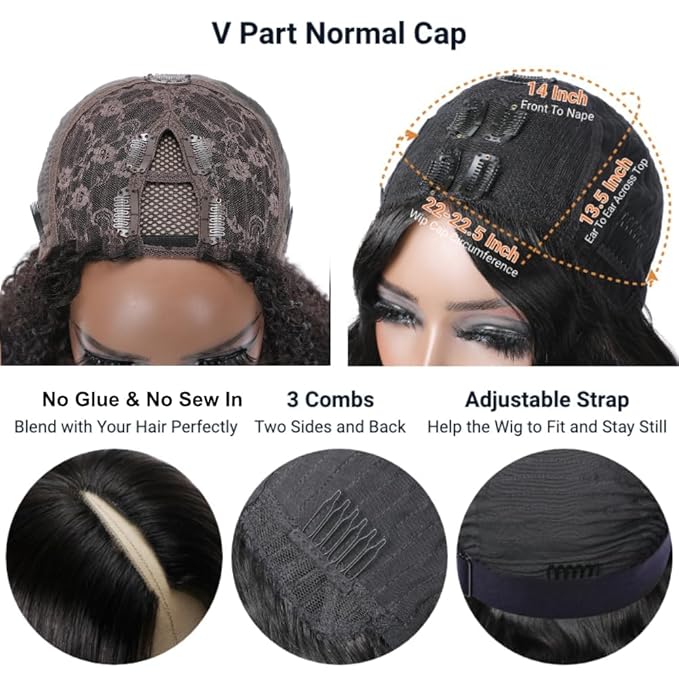 Julia Hair V Part Human Hair Wig Kinky Straight for Women Glueless Wigs Brazilian Virgin Human Hair Wigs Upgrade Upart Wig No Leave Out No Glue No Sew Natural Black Beginner Friendly 26 Inch
