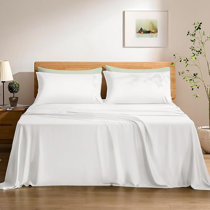 TOSMO Luxury Cooling Sheet Set - 100% Viscose from Bamboo, 3-Piece Bedding Set (Twin Size) - 18” Extra Deep Pockets, Oeko-Tex Certified, Silky Soft and Breathable, Classic White