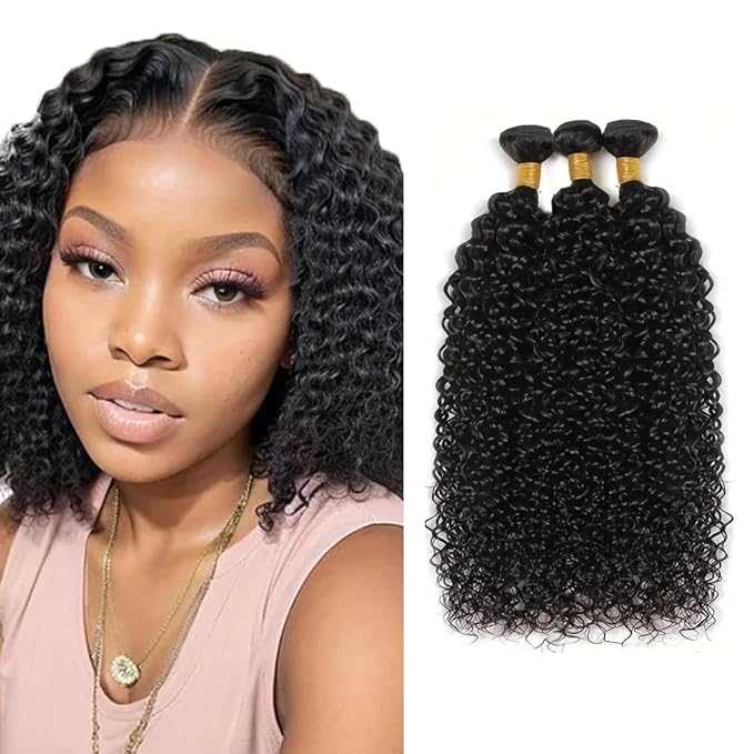 Kinky Curly Bundles Human Hair #1B Curly Bundles Human Hair 16 18 20 inch WuvuSnm Wet and Wavy Bundle Natural Black
