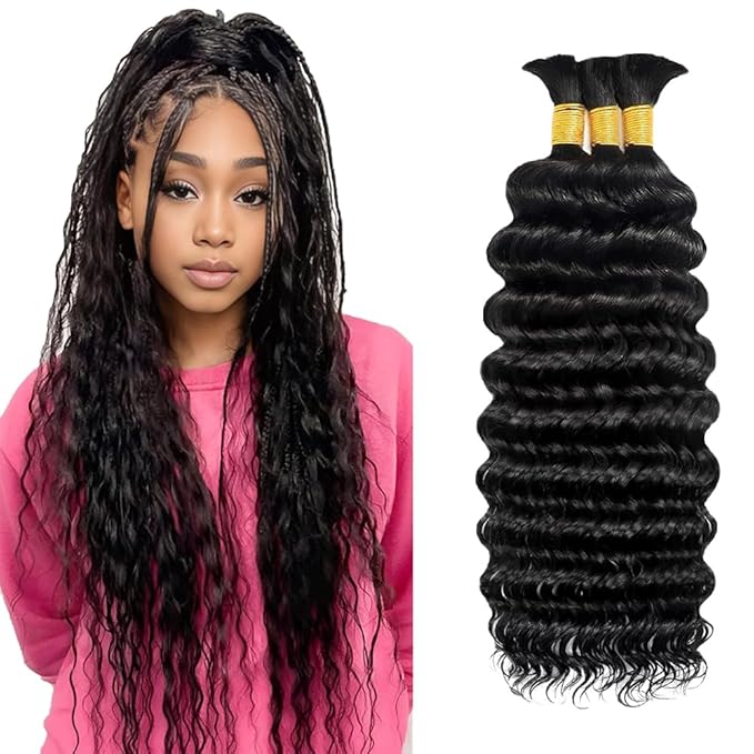 Freiuoke Human Braiding Hair for Boho Braids 3 Bundle 150g 16 16 16 Inch Brazilian Deep Wave Human Hair Extensions for Wet and Wavy Braiding Hair