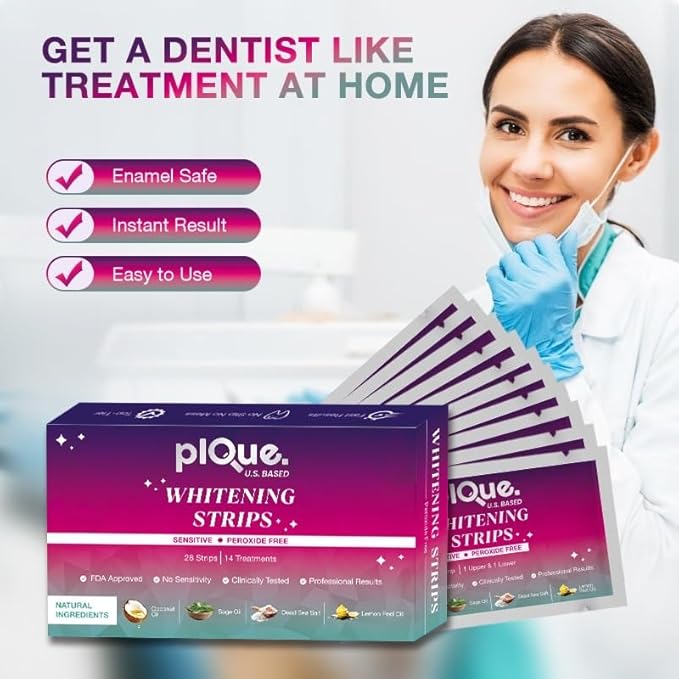 Peroxide Free Teeth Whitening Strips 14 Treatments - New Gentle Formula for Sensitive Teeth. Deep Stain Removal - Coconut Oil, Sage, Lemon Peel, Dead Sea Salt for Beautiful Bright Smile. (28 Strips)